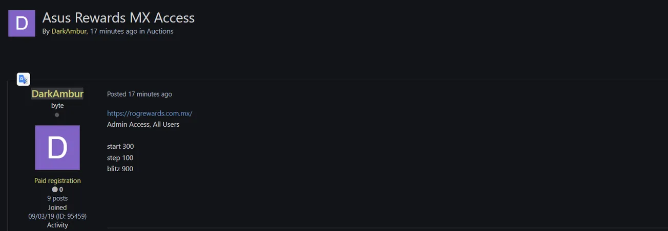 A Threat Actor is Selling Admin Access to ASUS ROG Rewards Mexico