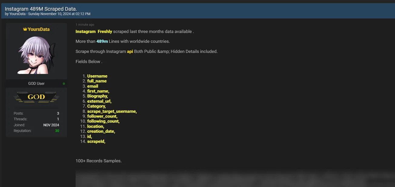 A Threat Actor Allegedly Scraped 489 Million Lines of Instagram Data