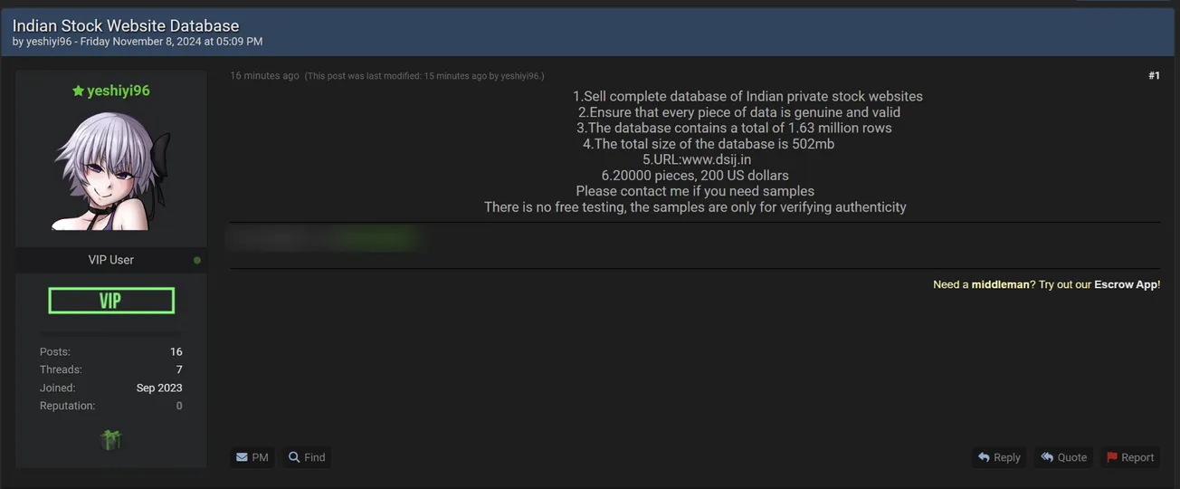 A Threat Actor is Selling Data of Dalal Street Investment Journal (DSIJ)