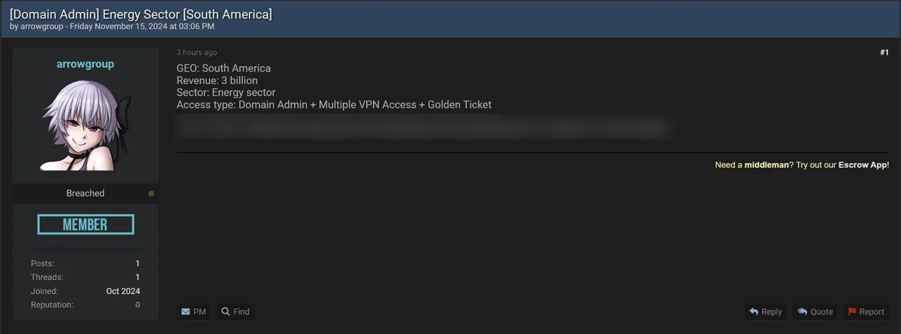 A Threat Actor is Allegedly Selling Access to an Unidentified Energy Company in South America