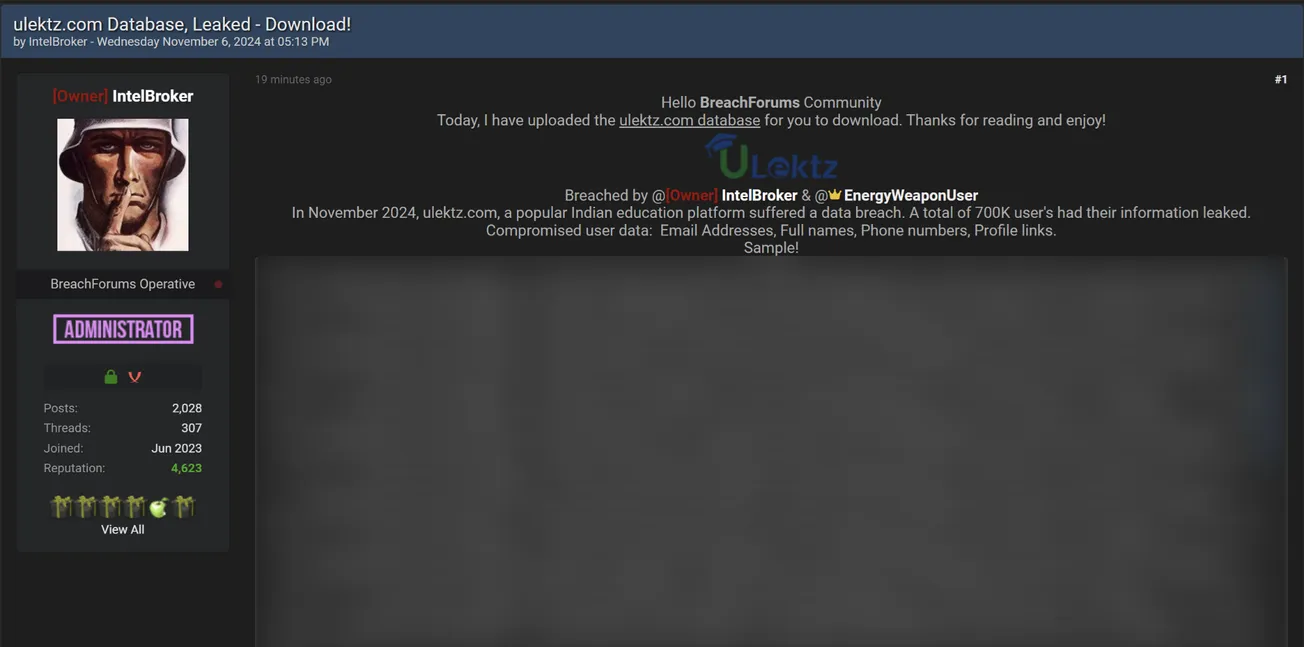 IntelBroker and EnergyWeaponUser Have Allegedly Leaked the Data of uLektz Learning Solutions Private Limited