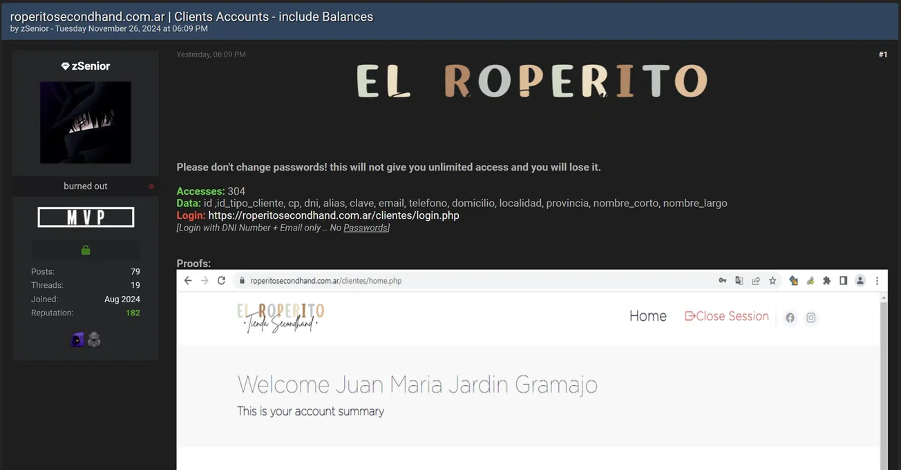 A Threat Actor is Allegedly Selling Access of El Roperito Tienda Second Hand