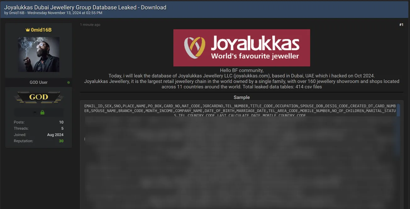 A Threat Actor Has Allegedly Leaked Data of Joyalukkas