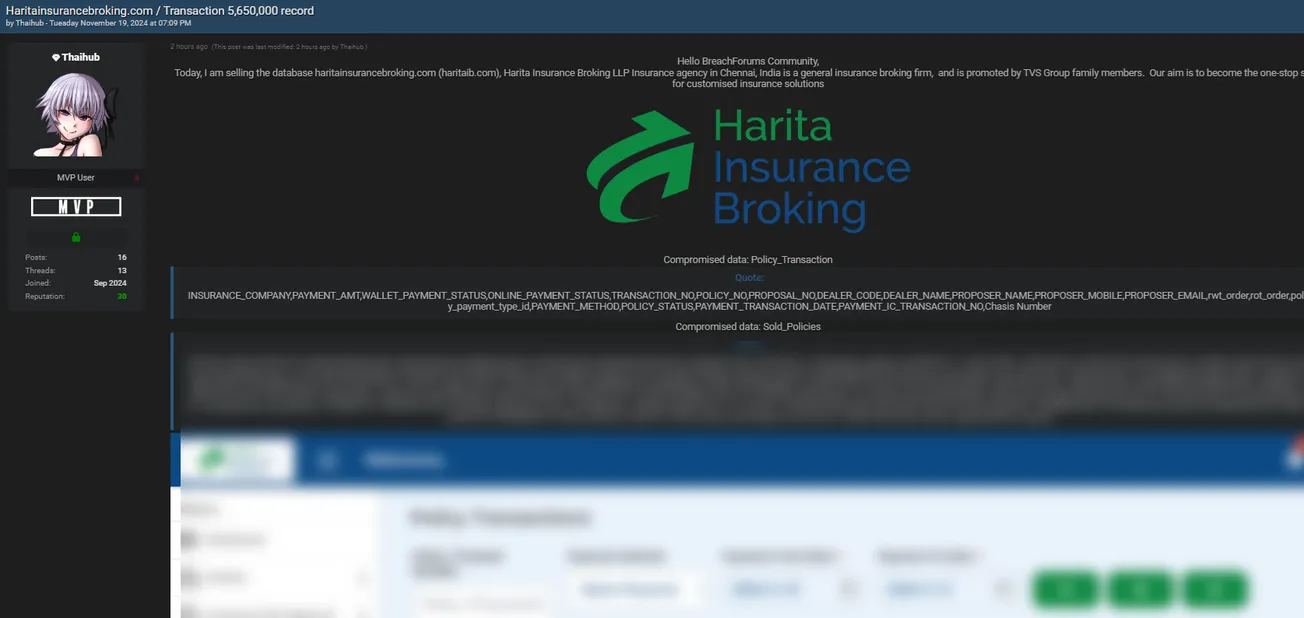 A Threat Actor Claims to be Selling Data of Harita Insurance Broking LLP