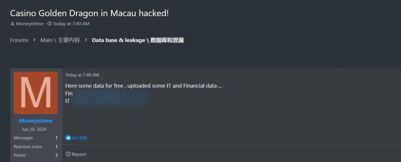 A Threat Actor Has Allegedly Leaked Data of Casino Golden Dragon