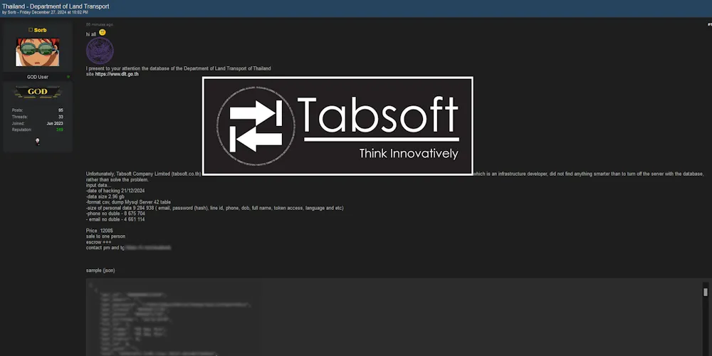 Sorb is Allegedly Selling the Data of Department of Land Transport in Thailand