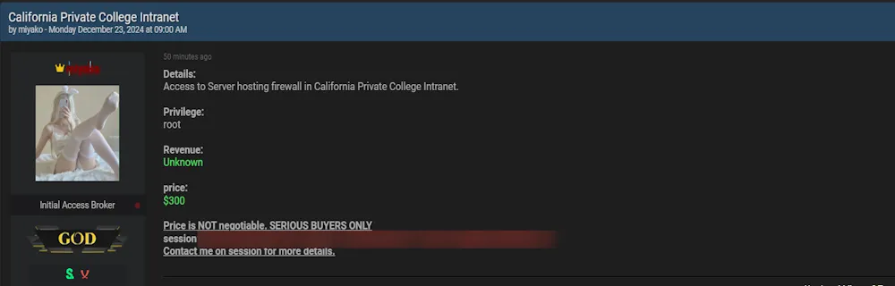 miyako Claims to be Selling Access to an Unidentifiied Private College Intranet in California