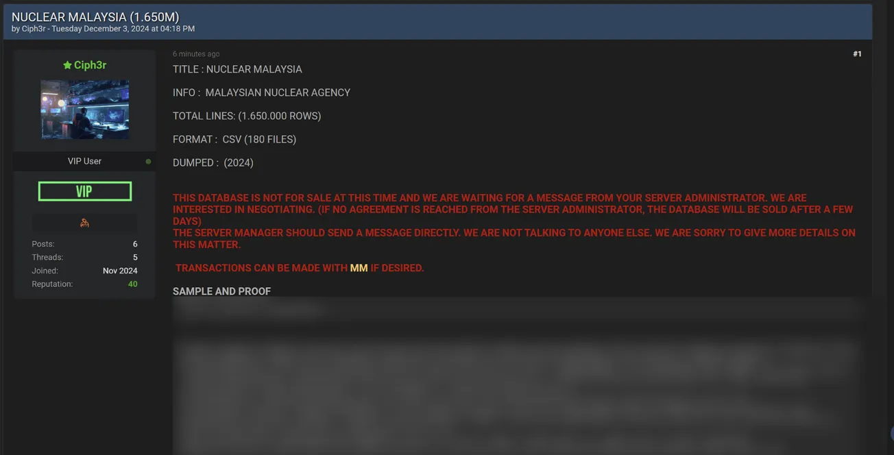 A Threat Actor Claims to be Selling the Data of Malaysian Nuclear Agency