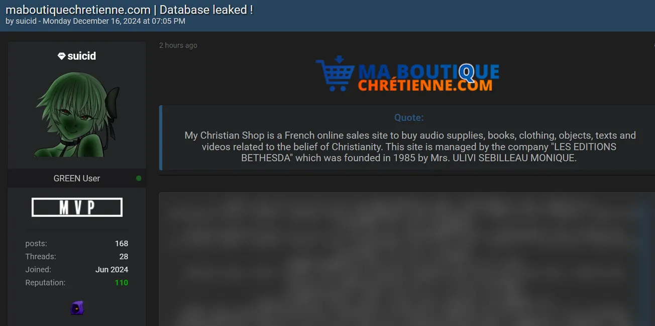 suicid Claims to have Leaked the Data of My Christian Shop