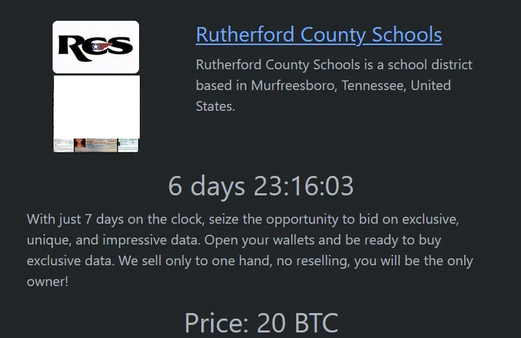 Rutherford County Schools Has Been Claimed a Victim to RHYSIDA Ransomware with a Ransom Price of 20 BTC