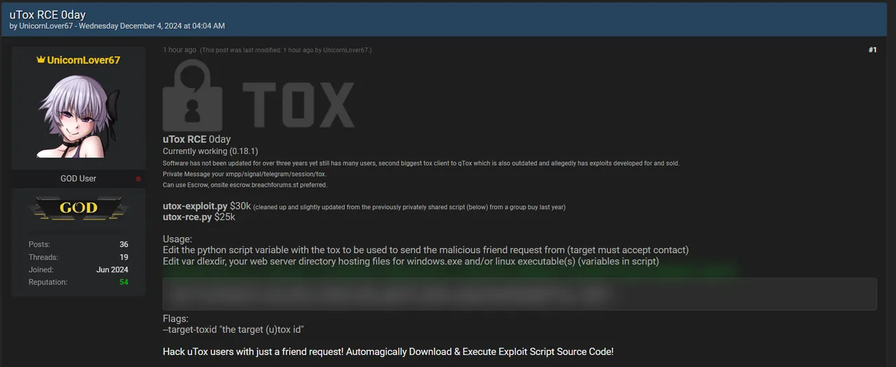 UnicornLover67 is Allegedly Selling a 0-day RCE Exploit for uTox