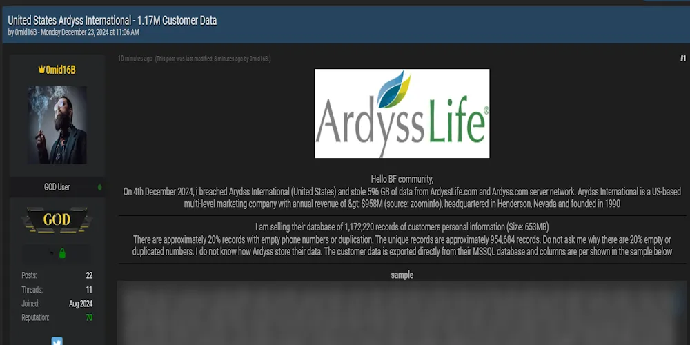 A Threat Actor Claims to be Selling the Data of Ardyss Digital and ArdyssLife