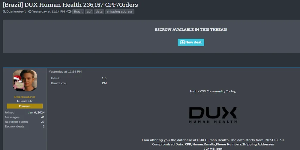 Ddarknotevil Claims to have Leaked the Data of DUX Human Health