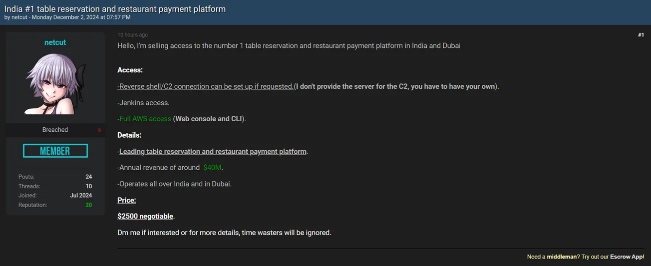 A Threat Actor is Selling Access to an Unidentified Table Reservation and Restaurant Payment Platform in India and Dubai