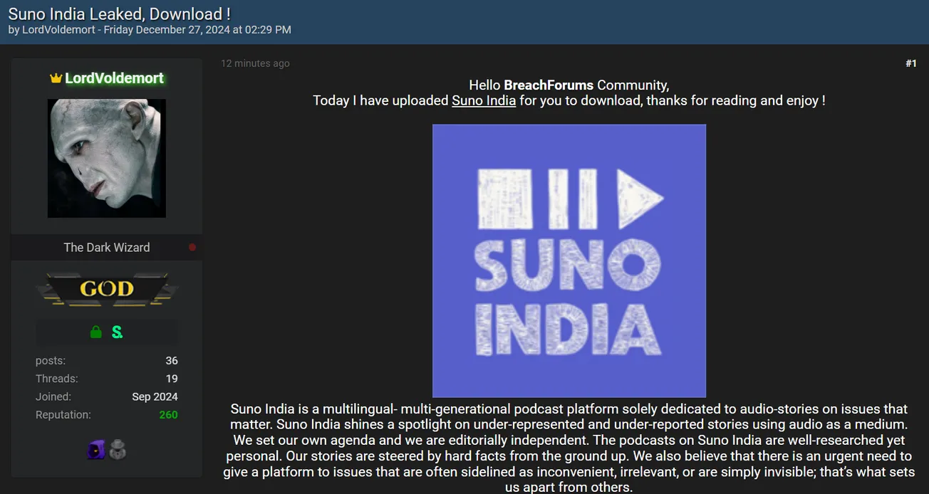 LordVoldemort Claims to have Leaked the Data of Suno India