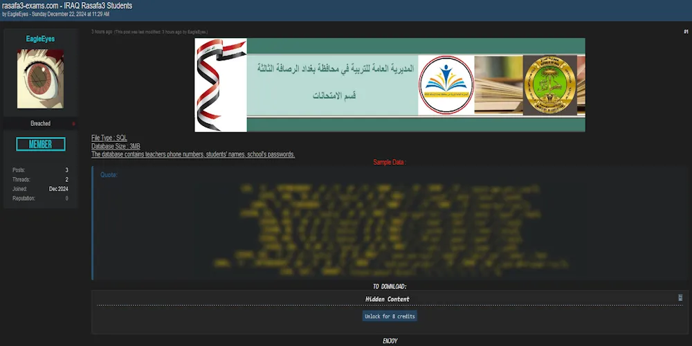 A Threat Actor Claims to have Leaked the Data of General Directorate of Education in Baghdad Governorate, Third Rusafa