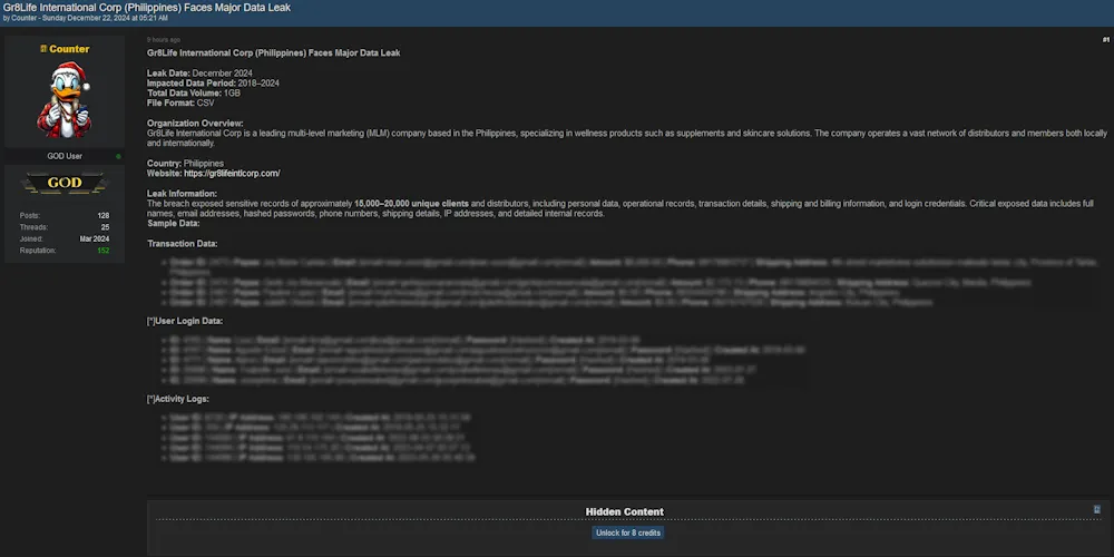 Counter Allegedly Has Leaked the Data of Gr8life International Corporation