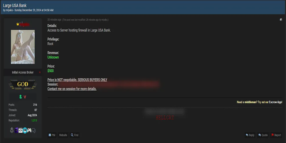 miyako is Allegedly Selling Root-level Access to a Server Hosting the Firewall of a  Large US Bank
