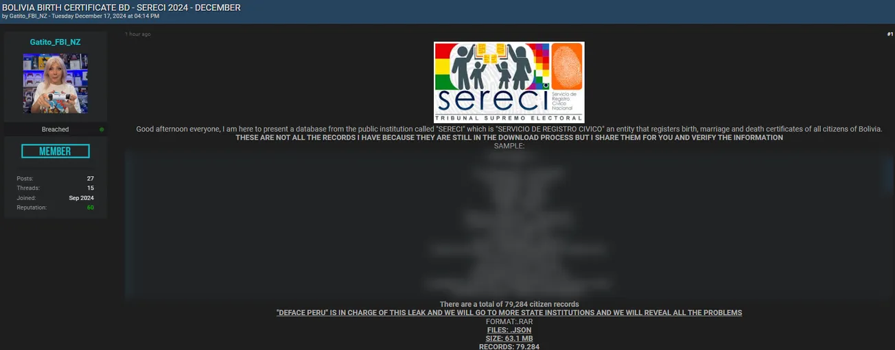 Gatito_FBI_NZ Claims to have Leaked the Data of Supreme Electoral Tribunal of Bolivia