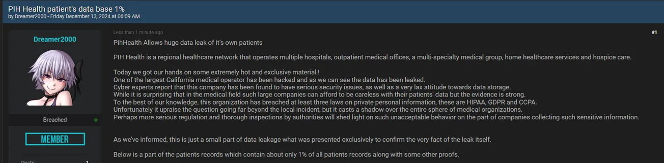 A Threat Actor Claims to have Leaked Data of PIH Health