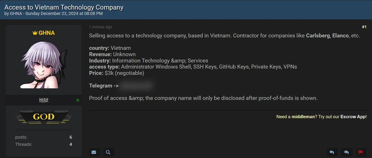 GHNA is Claiming to Sell Access to an Unidentified Technology Company in Vietnam