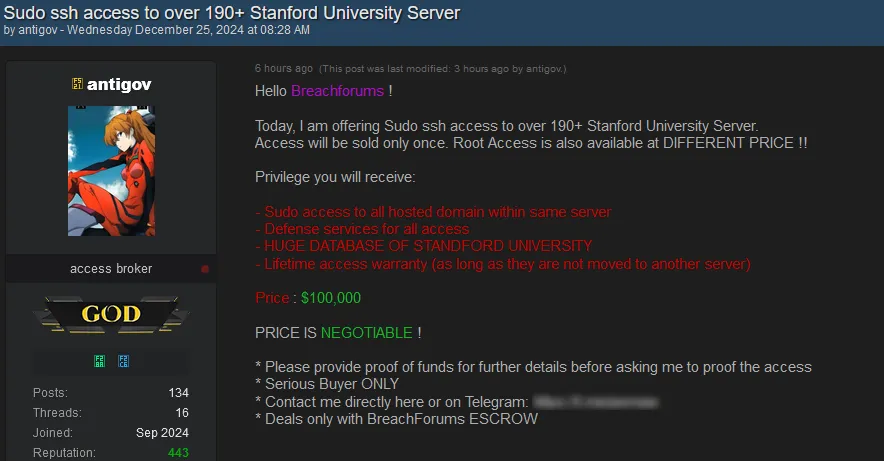 antigov is Allegedly Selling Sudo SSH Access to 190+ Stanford University Servers for $100,000