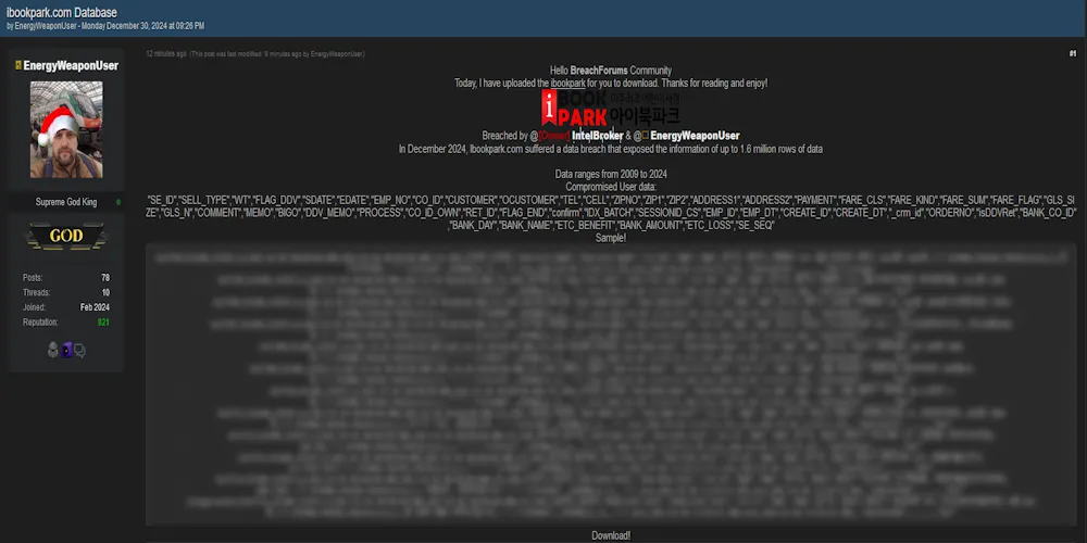 EnergyWeaponUser and IntelBroker Claimed to have Leaked Data of IBookPark