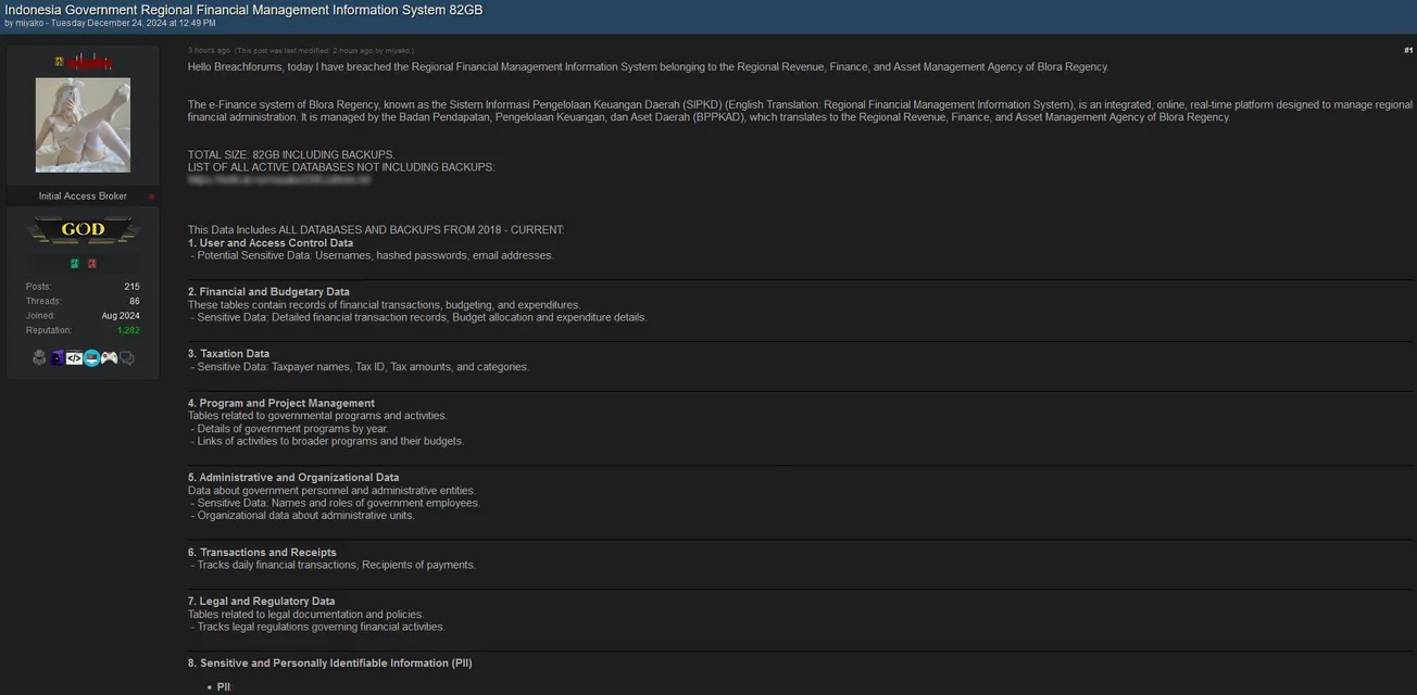 miyako is Allegedly Selling Data of Regional Financial Management Information System Indonesia