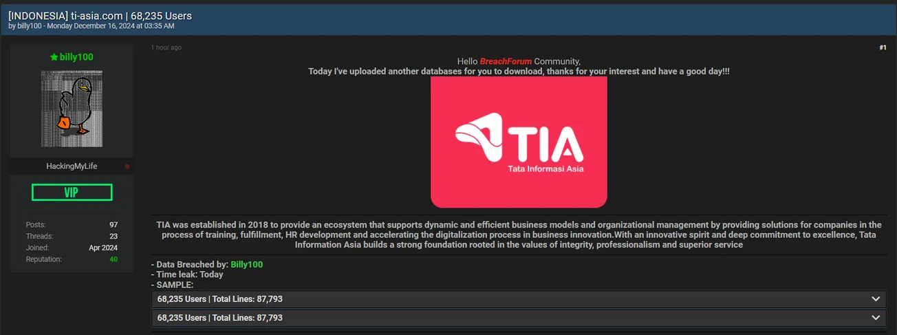 billy100 Allegedly Leaked the Data of TIA (Tata Informasi Asia)