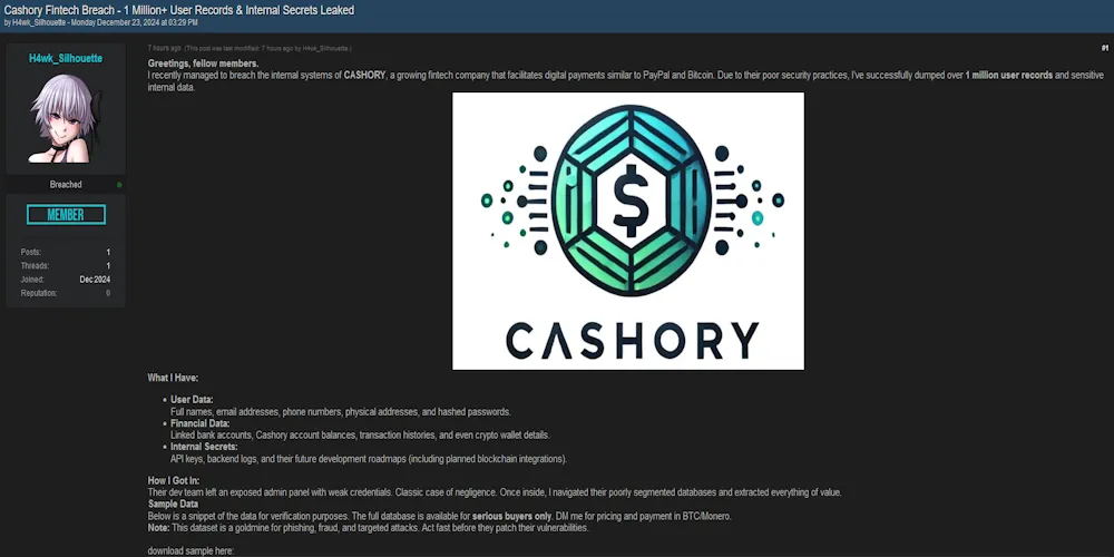 A Threat Actor Claims to be Selling the Data of Cashory