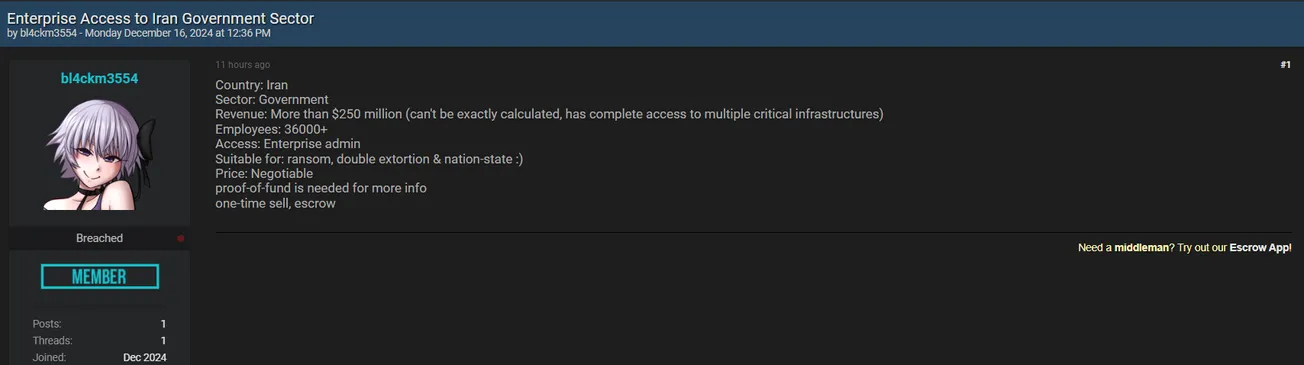 A Threat Actor Claims to be Selling Enterprise Access to an Unidentified Iranian Government Sector