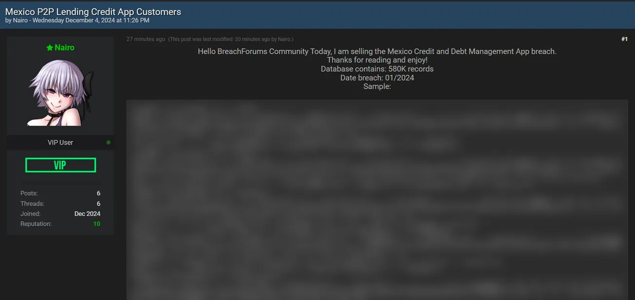 A Threat Actor Claims to be Selling the Data of an Unidentified Mexican Credit and Debt Management App