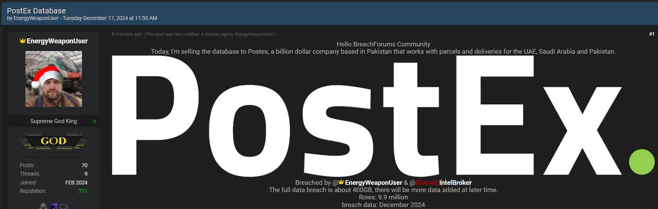 EnergyWeaponUser and IntelBroker are Allegedly Selling the Data of PostEx