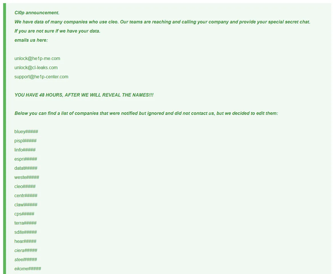 Cl0p Ransomware Posted the Following Message for it's Victims Affected by the Cleo Exploit