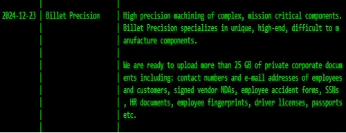 Billet Precision Ltd. Has Been Claimed a Victim to Akira Ransomware