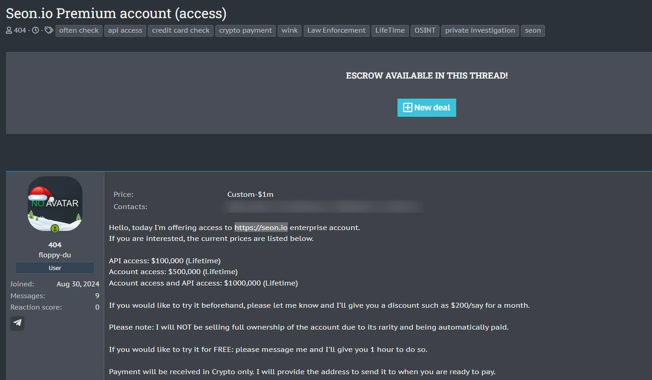 Alleged Sale of SEON Premium Account Access on Cybercrime Forum