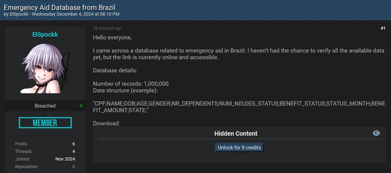 A Threat Actor Claims to have Leaked 1 Million Records of Data of an Unidentified Emergency Aid in Brazil