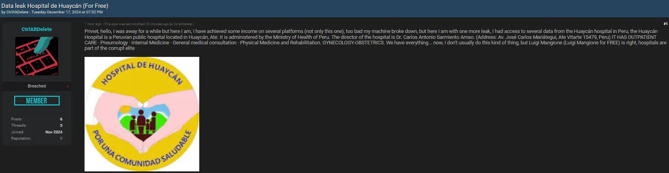 CtrlAltDelete Claims to have Leaked the Data of Hospital de Huaycán