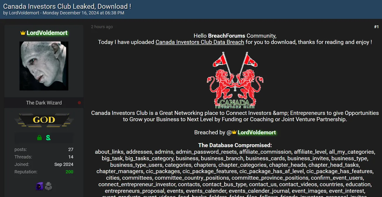 LordVoldemort Claims to have Leaked the Data of Canada Investors Club