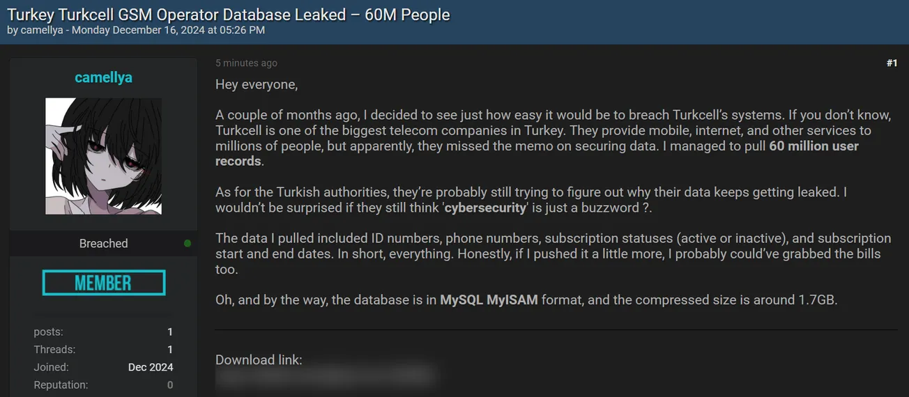 A Threat Actor Allegedly Leaked the Data of Turkcell