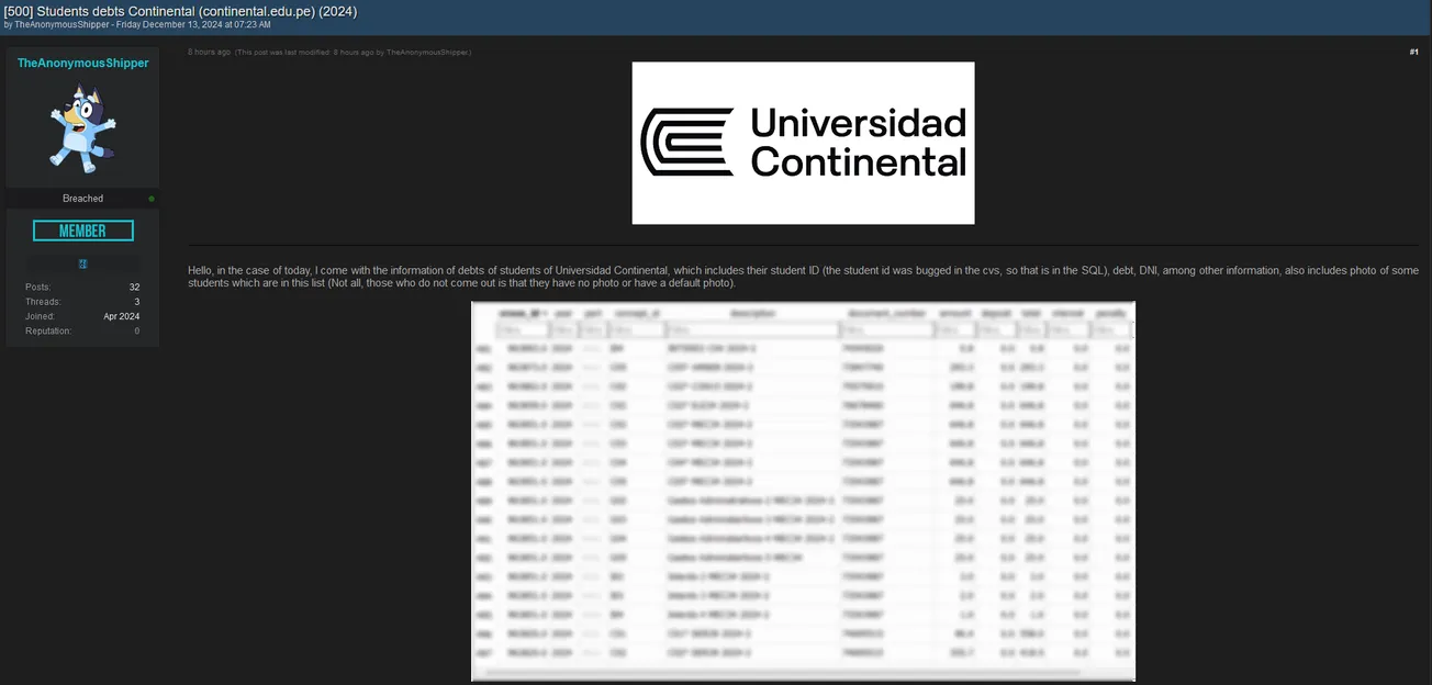 A Threat Actor Claims to have Leaked Data of Universidad Continental