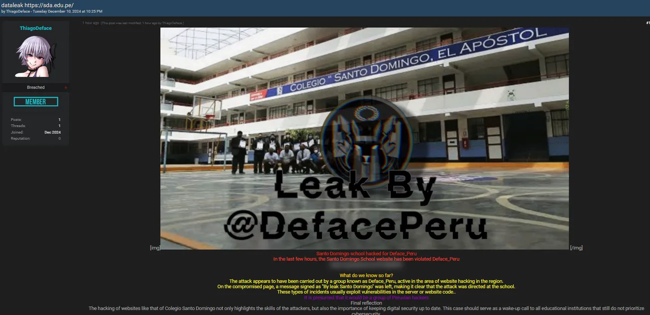 A Threat Actor Allegedly Leaked Data by DefacePeru of Santo Domingo, el Apóstol