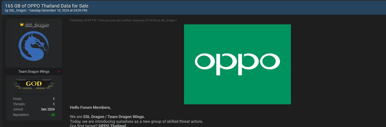 A Threat Actor is Allegedly Selling Data of OPPO Thailand Employment
