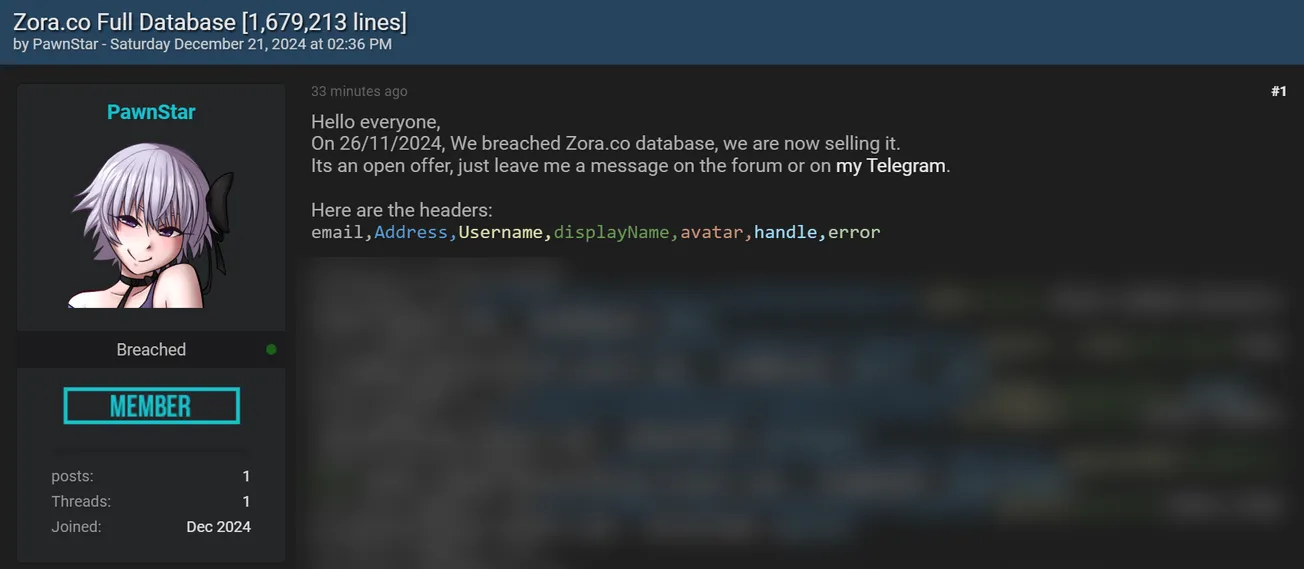 A Threat Actor Claims to be Selling the Data of ZORA