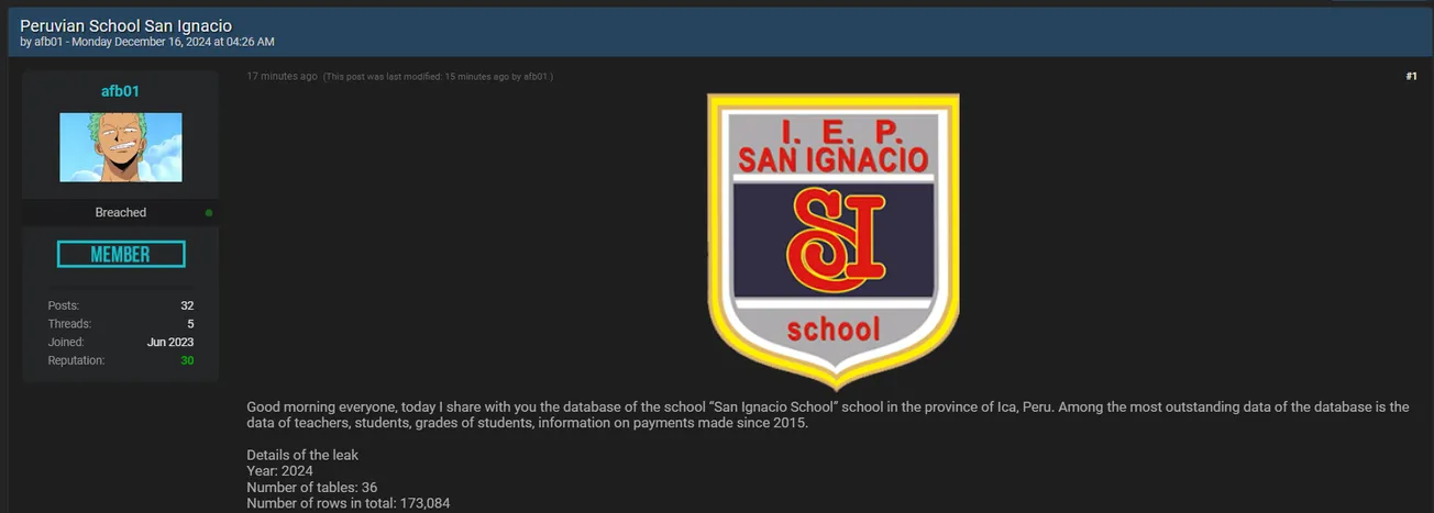 A Threat Actor Claims to have Leaked the Data of San Ignacio School