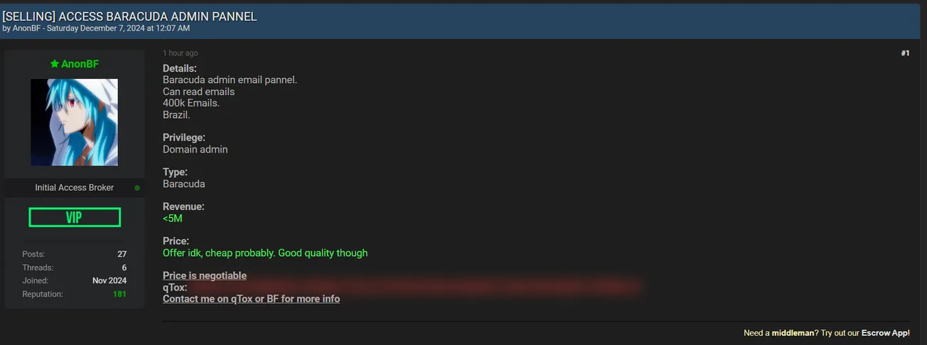 AnonBF is Allegedly Selling Access to Barracuda Email Administration Panel of an Unknown Brazilian Company
