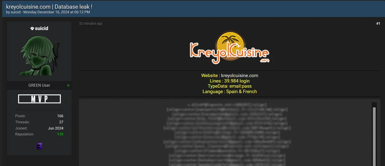 suicid Claims to have Leaked the Data of KreyolCuisine