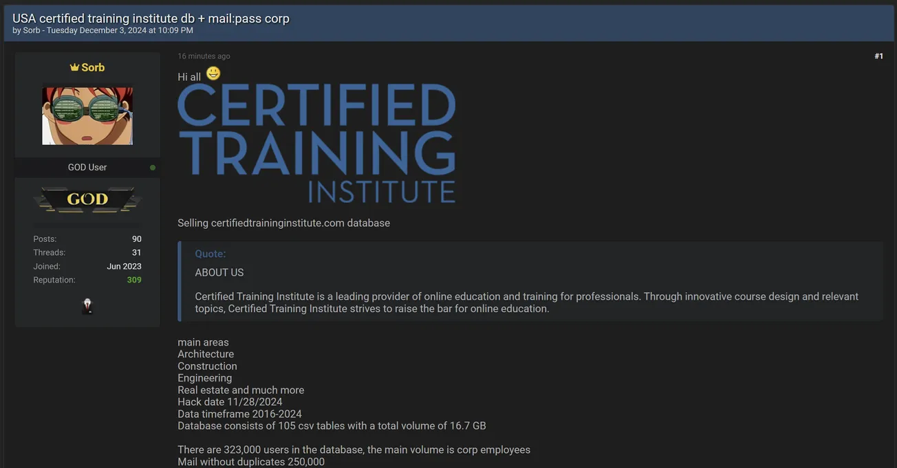 Sorb is Allegedly Selling the Data of Certified Training Institute