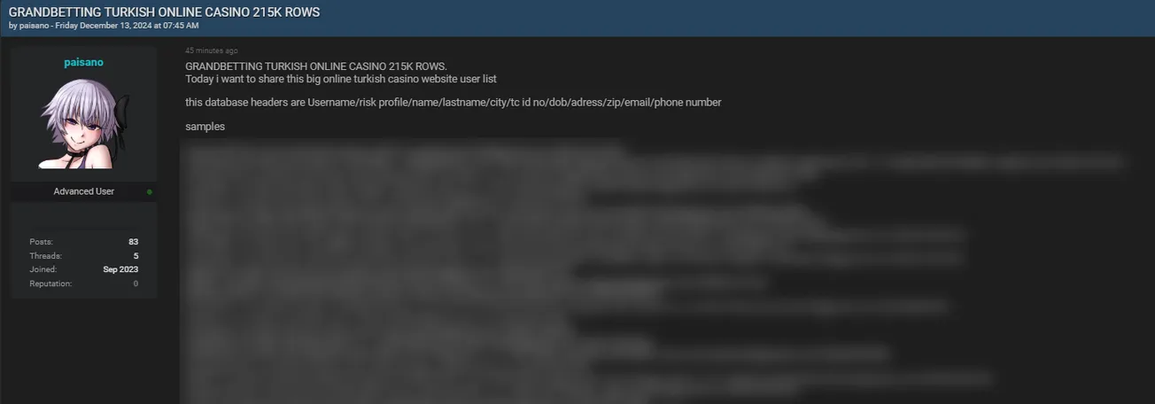 A Threat Actor Claims to have Leaked the Data of Grandbetting Online Casino Platform